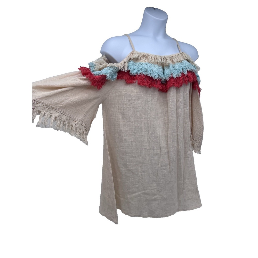 Velzera Tunic Flax Embroidered Boho Hippie Fringe Cotton Festival Cover up 1X